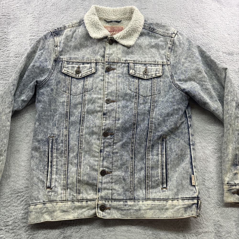 Vtg Brooklyn Cloth Denim Jacket Men Small Acid Wash Sherpa‎ Fleece Trucker Coat